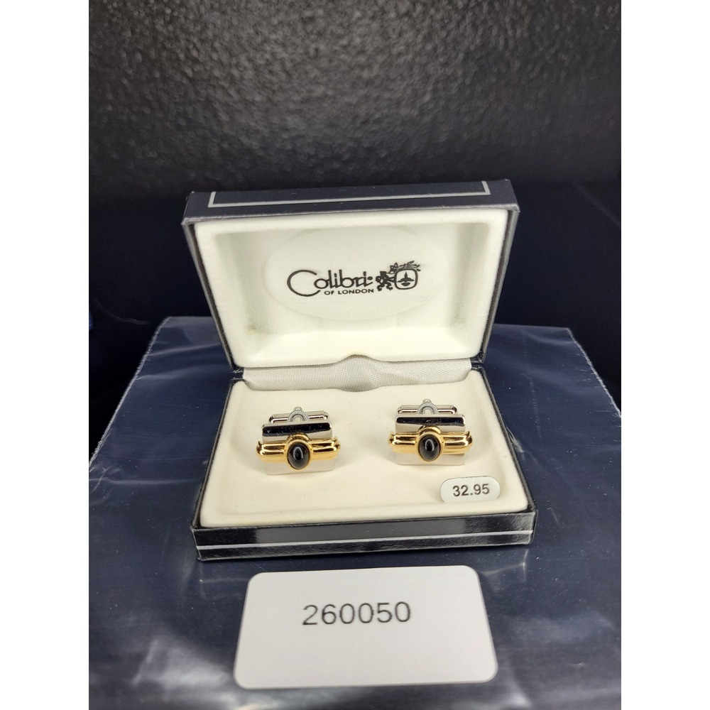 Colibri of London Cufflinks Two Tone Gold Silver Black Cabochon Boxed Excellent